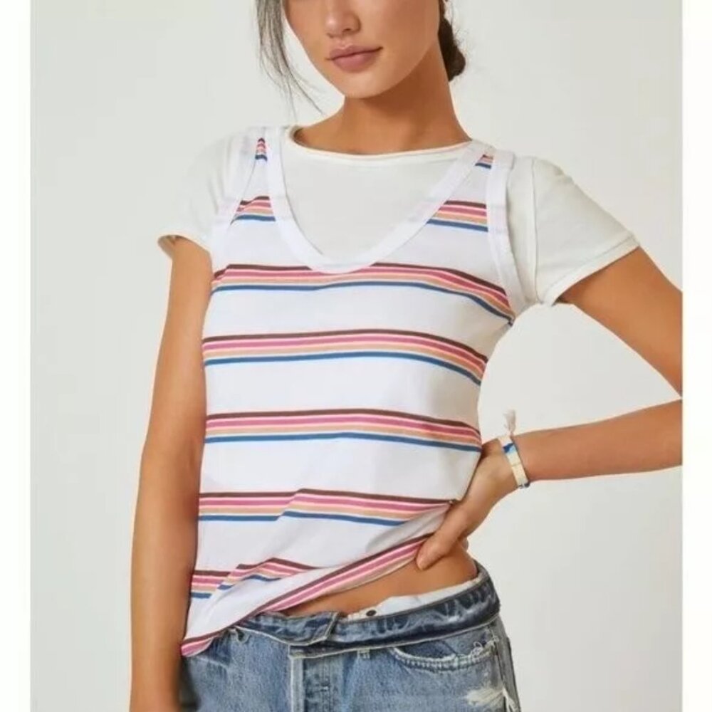 t.la Anthropologie multicolor Striped tank tee shirt v neck Sz s Bohochic Retro